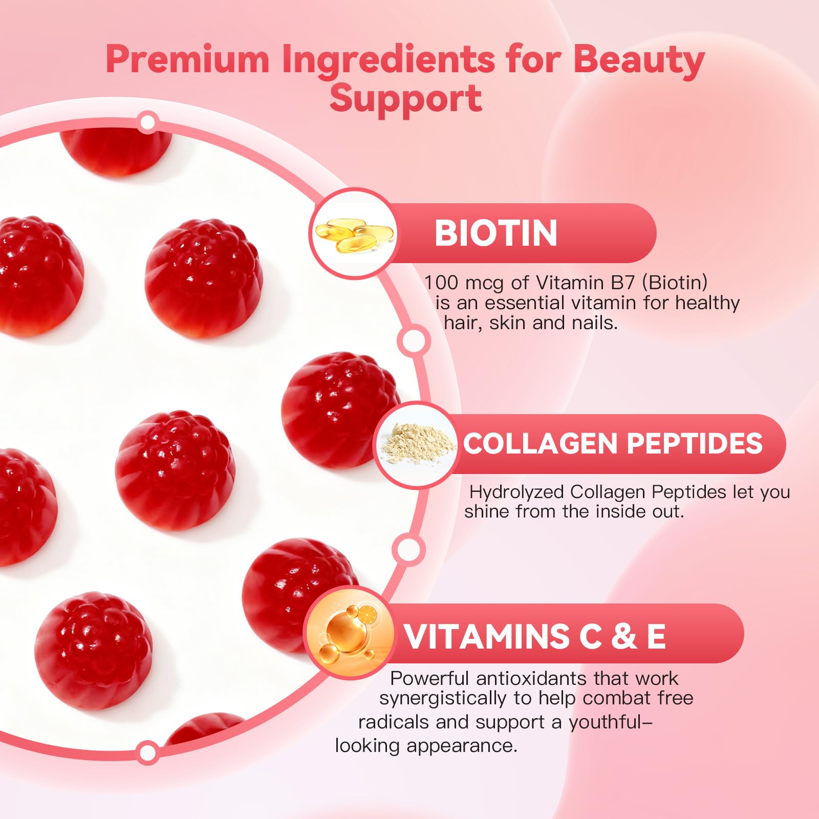 Nature Echo Collagen Gummies with Biotin, Vitamin C & E, 300mg Hydrolyzed Collagen Peptides for Hair, Skin & Nail Support, Peach Flavor, Sugar Free, Gluten Free, 30 Day Supply