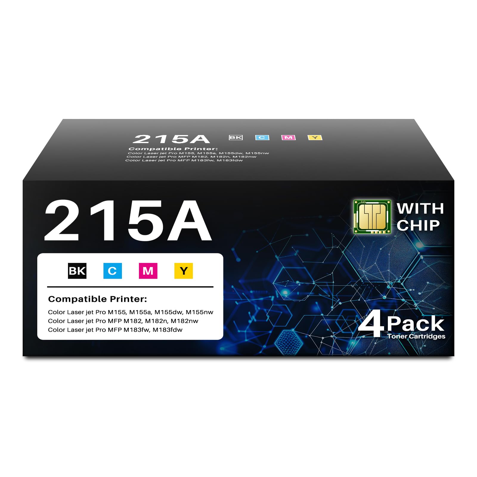 Photo 1 of (With Chip) Compatible 215A Toner Cartridges 4 Pack Replacement for HP 215A 215X Cartridges W2310A W2311A W2312A W2313A Use with Color Pro MFP M183fw M182nw M182n M155a M155nw Printer (BK/C/M/Y)