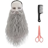 Krfapt Fake Beard for Men Full Long Curly Wizard Handlebar Mustache Cosplay Costume Kit with Elastic Band Includes Comb &amp; Scissors