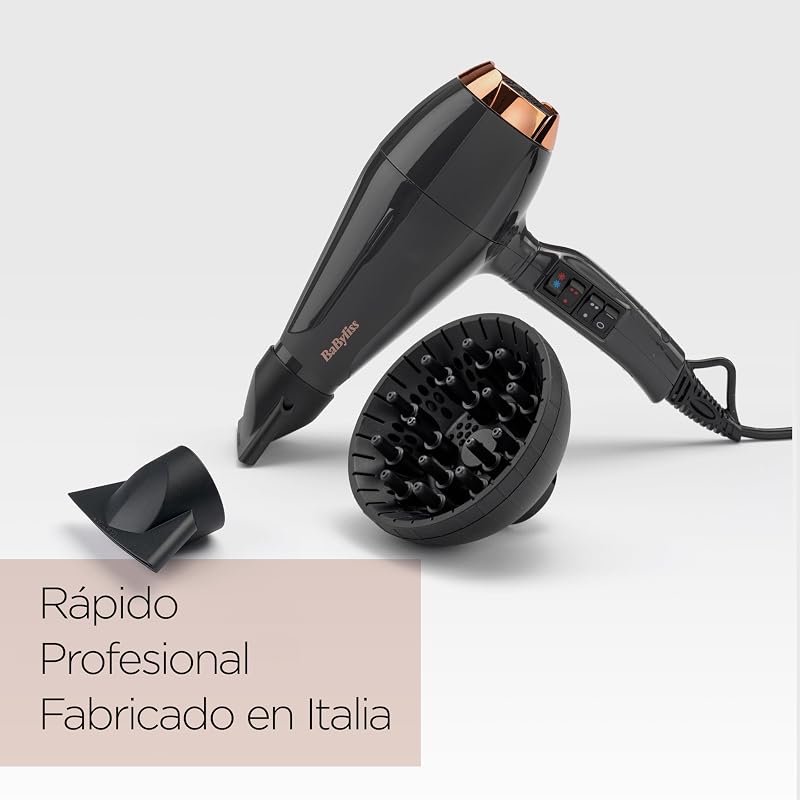 Secador de pelo Italian Air Pro con Difusor - Motor AC Profesional, Alta potencia 2200 W, Tecnología iónica antiencrespamiento, 2 temperaturas y 2 velocidades, Made In Italy, Negro, 6719DE