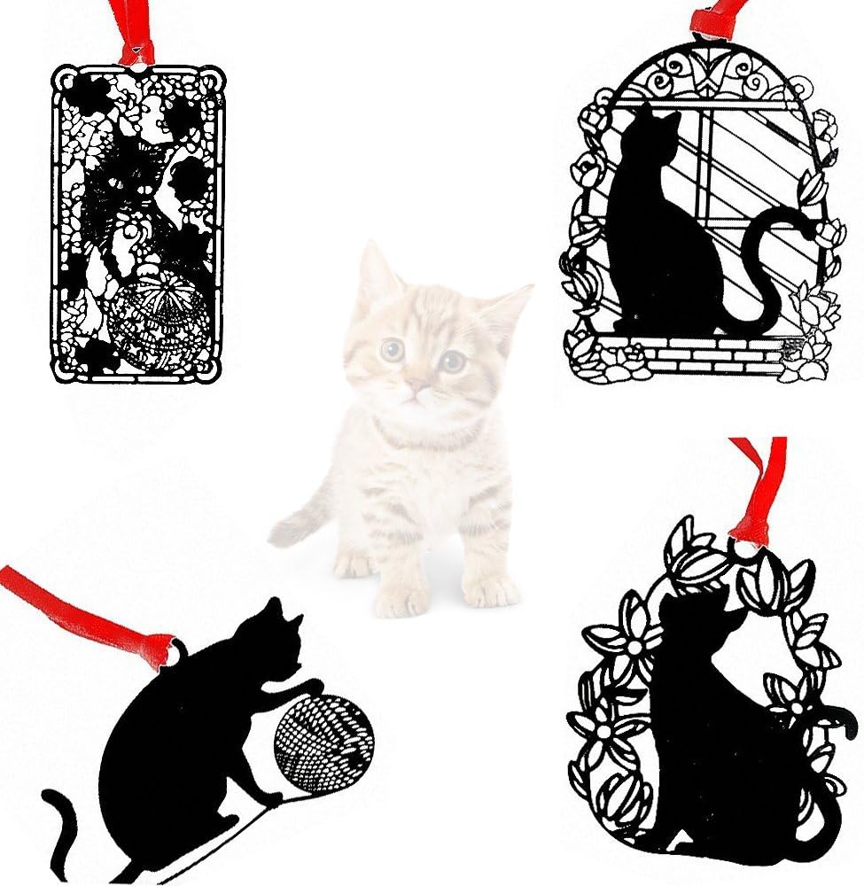 Amupper Cat Bookmarks with Tassels and Envelope,Metal Bookmarker Set Pack of 4 Leisure Cat Gift