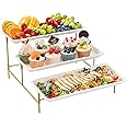 Lifewit 3 Tiered Plastic Serving Tray for Party Entertaining, 14"×6.5" Serving Food Display Platters, Reusable Trays with Collapsible Stable Metal Stand for Veggie, Fruit, Cookies, Dessert, Gold