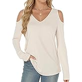 Buauty Womens V Neck Cold Shoulder Tops Long Sleeve T Shirts Loose Basic Tops Sexy Casual Blouses 2026 Trendy Tshirt