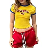 SHENHE Women's Brazil Crop Top Crew Neck Short Sleeve Graphic Tshirt Colorblock Y2K Jersey Shirt