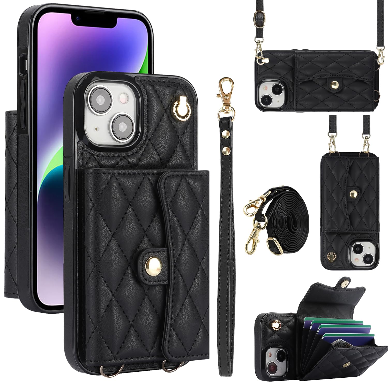 XIZYO for iPhone 15 Leather Crossbody Wallet Phone Case with 2 Adjustable Removable Lanyard Straps, Women Girls Soft TPU Cute Luxury Purse Kickstand Phone Cover with Card Slots, Black