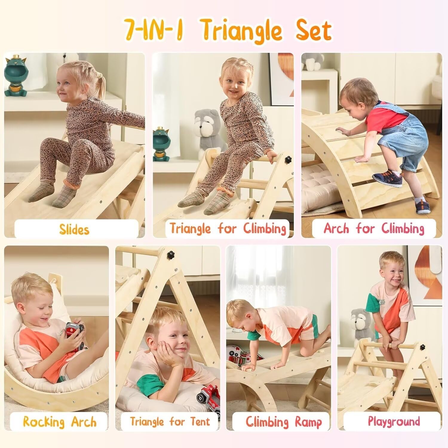 Pikler Triangle Set with Cushion, 7 in 1 Toddler Climbing Toys Indoor, Montessori Foldable Climbing Set, Wooden Climbing Toys for Toddlers Inside with Ramp, Arch and Ladder (Nature Wood)