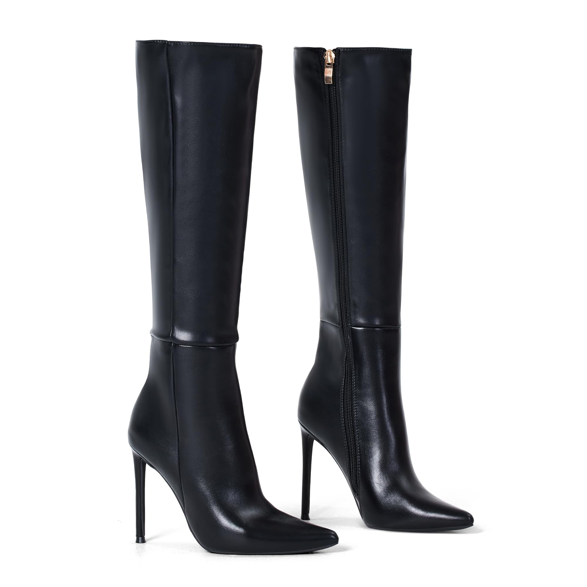 Elisabet Tang 4 inch Women's Knee High Long Boots, Stiletto Tall Pointed Toe Heeled Boot Leather Suede Comfortable Sexy