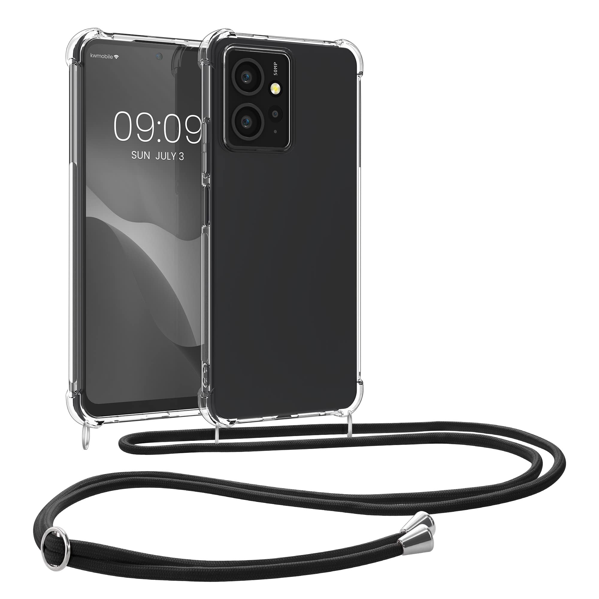 kwmobile Crossbody Case Compatible with Xiaomi Redmi Note 12 (4G) Case - Clear TPU Phone Cover w/Lanyard Cord Strap - Transparent/Black