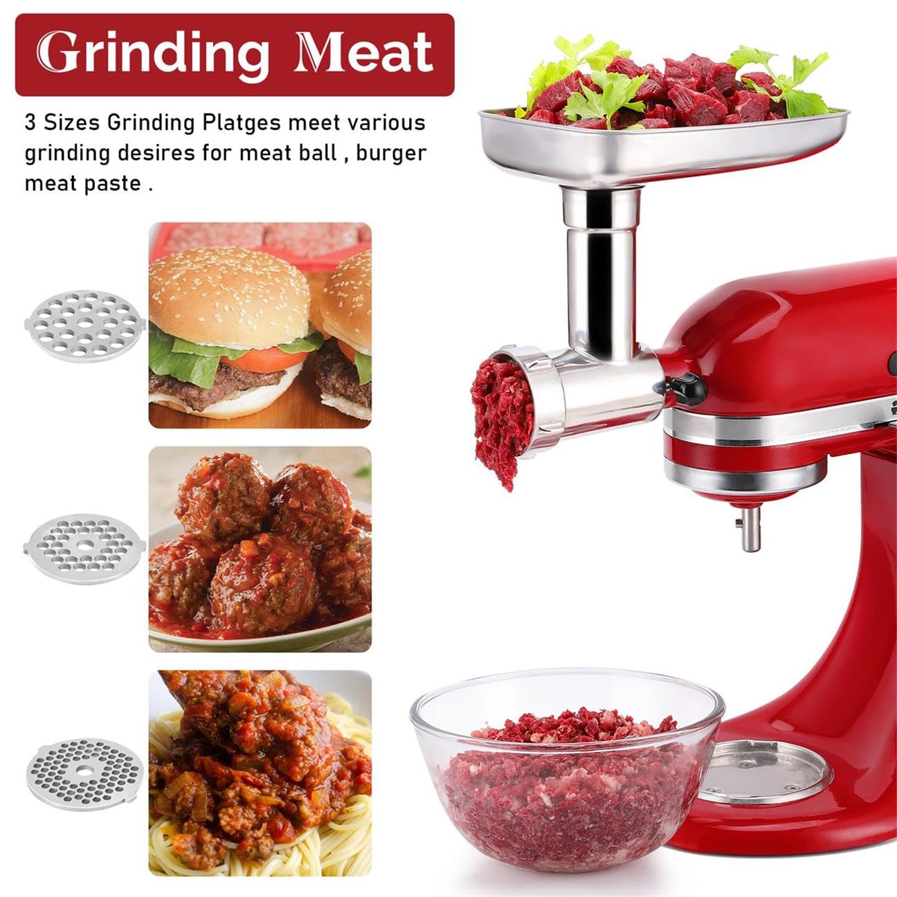 FavorKit Stainless Steel Food Grinder Attachment for KitchenAid Mixers, Dishwasher Safe Meat Processor Aceesory Included 3 Sausage Stuffer Tubes