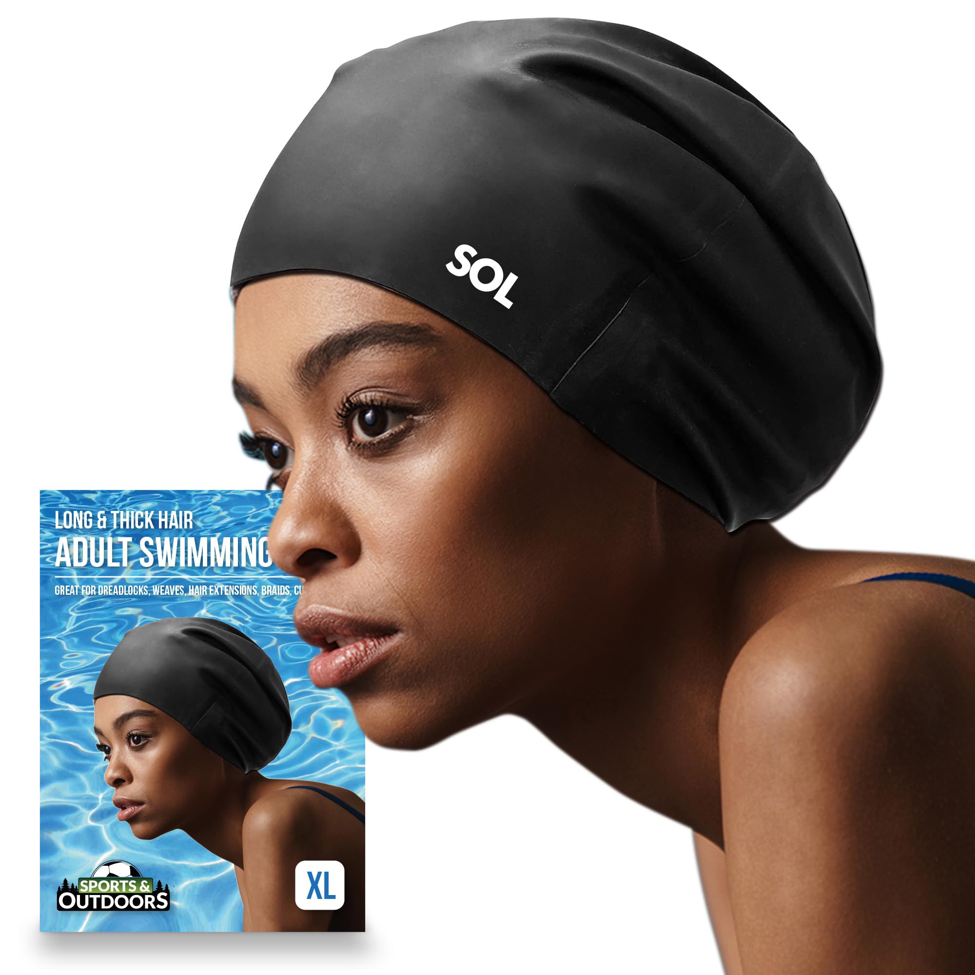 SOL 1pk Adults Swimming Cap, Women Large to XL Black Silicone Waterproof Swim Hat for Men, Ladies, Designed for Long Hair and Larger Heads, Comfortable Fit, Keeps Hair Dry for All Water Activities