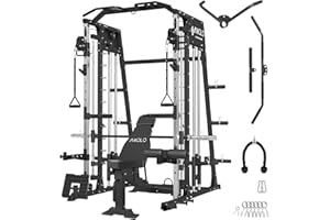 Mikolo Smith Machine Home Gym, 2200lbs Squat Rack with LAT-Pull Down System & Cable Crossover Machine, Training Equipment with Adjustable Weight Bench