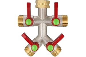 DINGBAI Hose Splitter 4 Way, High Flow Garden Hose Splitter, 3/4” Ght Inlet Brass Heavy Duty Hose Converter, Full Flow water 4 Way Faucet hose splitter, Long Handle Hose Valve Large Outlet.