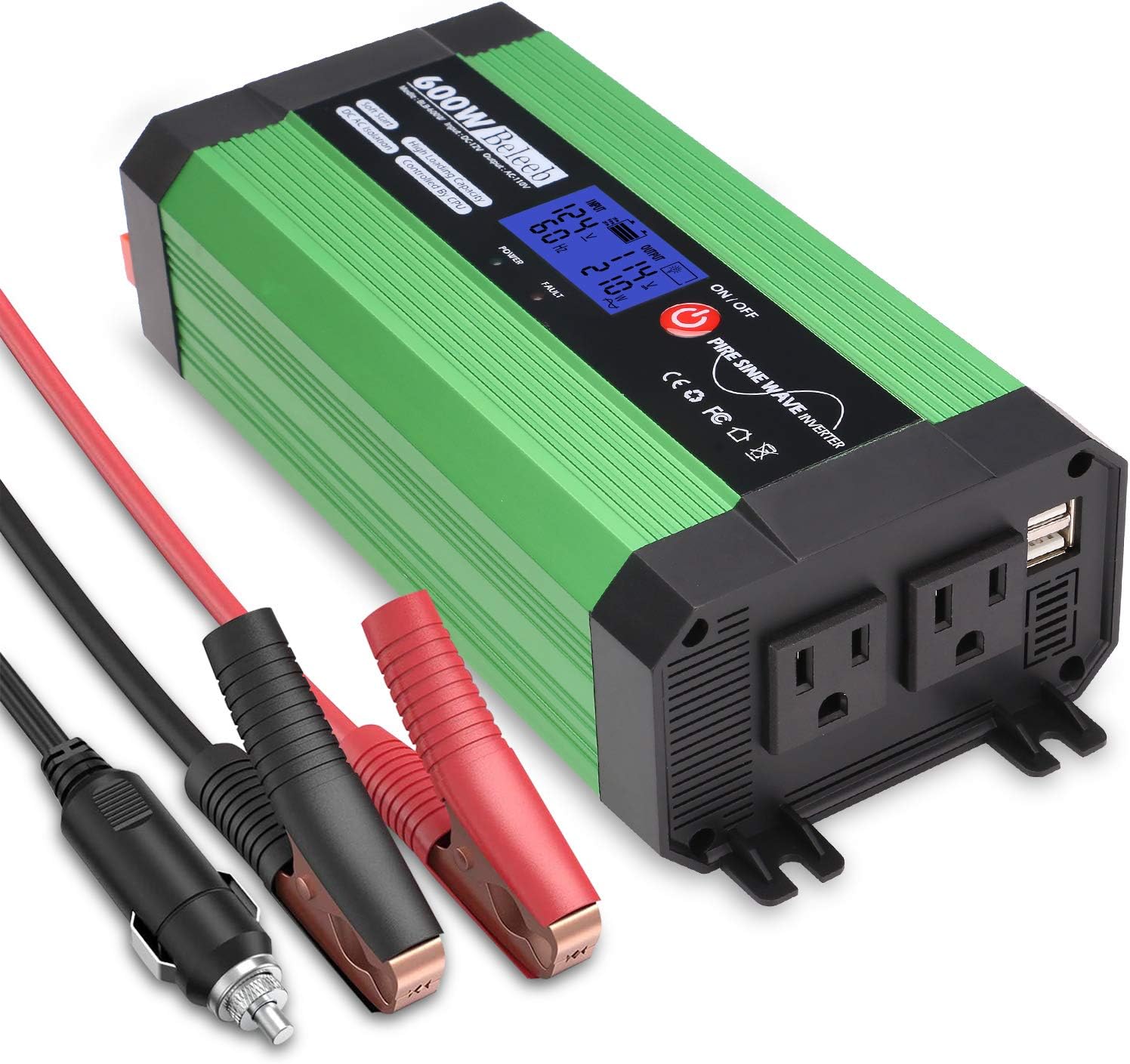 Beleeb 600W Pure Sine Wave Inverter, DC 12V to AC 110V Power Inverter with LCD Display, Dual USB Ports and 2 AC Outlets: Car Electronics