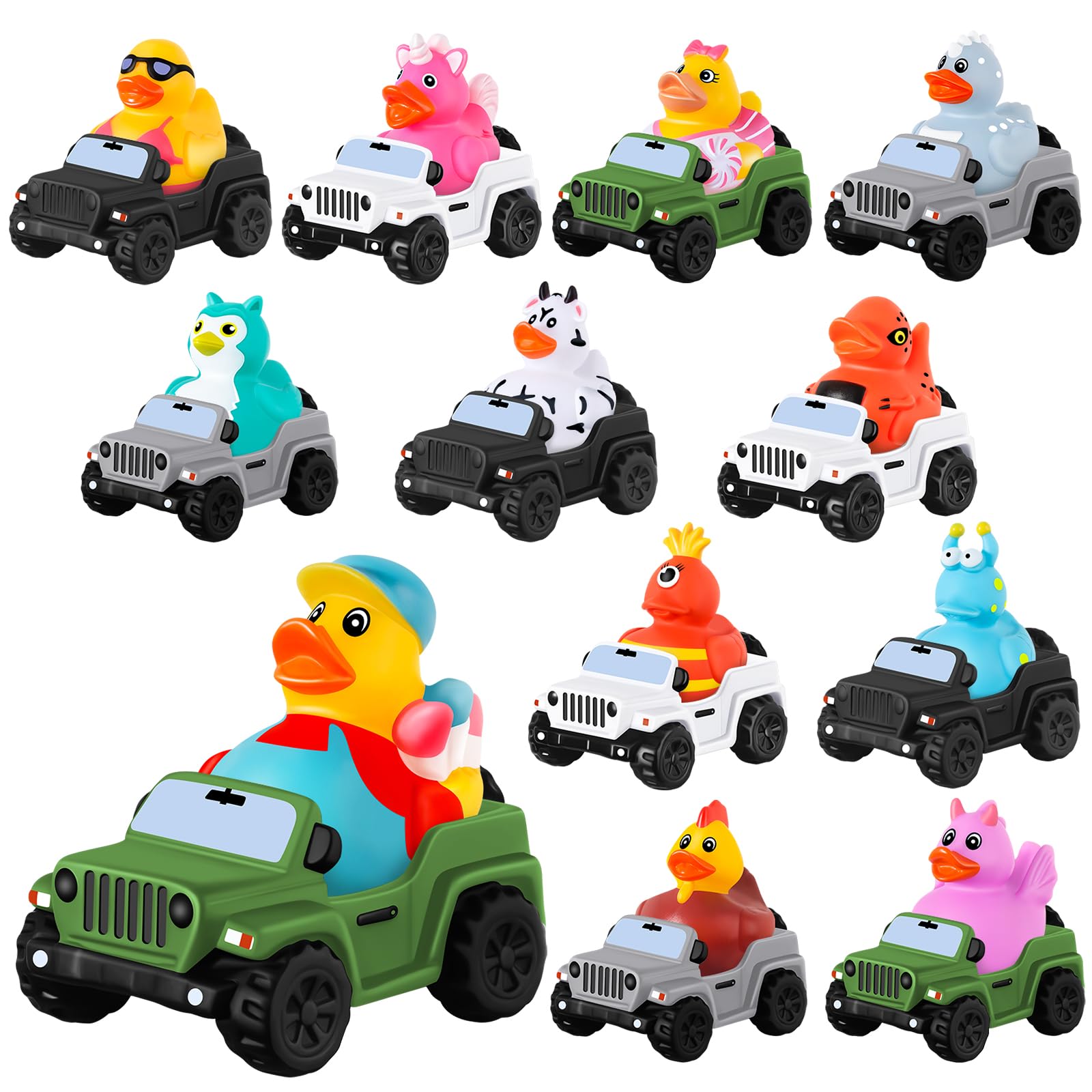 Photo 1 of 24 Pcs Rubber Ducks for Jeeps, 3.5 Inch Rubber Cars for Ducking Suitable for 2 Inch Ducks, 12 Ducks Assortment with 12 Cars, Baby Bath Toy Valentines Day Gifts for Kids Party Favors