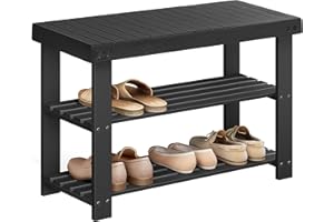 SONGMICS Shoe Rack Bench, 3-Tier Bamboo Shoe Storage Organizer, Entryway Bench, Holds Up to 286 lb, 11.3 x 27.6 x 17.8 Inches, for Entryway Bathroom Bedroom, Ink Black ULBS04H