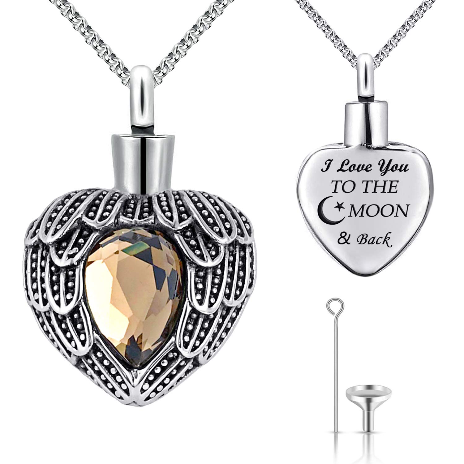 Urn Necklaces for Ashes Angel Wing Birthstone Charm Heart Cremation Jewelry Keepsake Holder Memorial Necklace Pendant