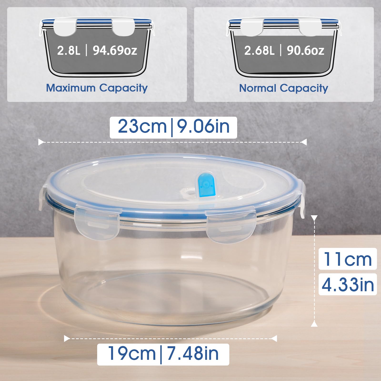 NUTRIUPS 2.8L Glasbehälter Mit Deckel, Rund Frischhaltedosen Mit Deckel, Große Meal Prep Boxen 2