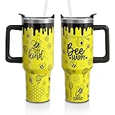 Sabobo Bee Gifts 40 Oz Tumbler with Handle and Lid Straw, Yellow Bee Happy Stainless Steel Double Walled Vacuum Insulated Cup, Animal Lover Birthday Gifts for Women Girls (1 PC)
