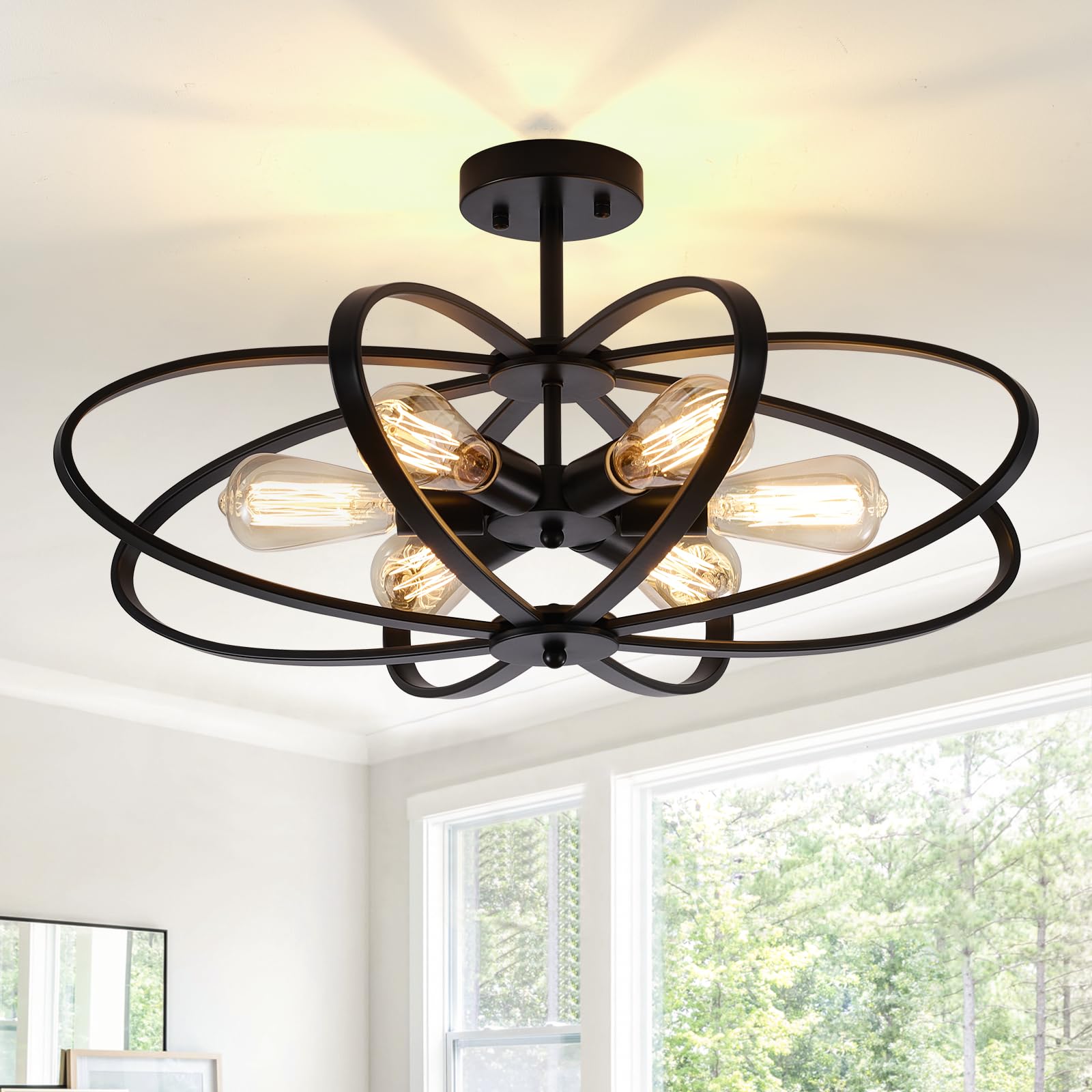 Photo 1 of Blhxian Semi Flush Mount Ceiling Light Fixture Chandelier 6-Light Kitchen Ceiling Lights 25'' Black Farmhouse Chandelier Style Flower Shape Light Fixture Bedroom for Foyer,Entryway,Living Room