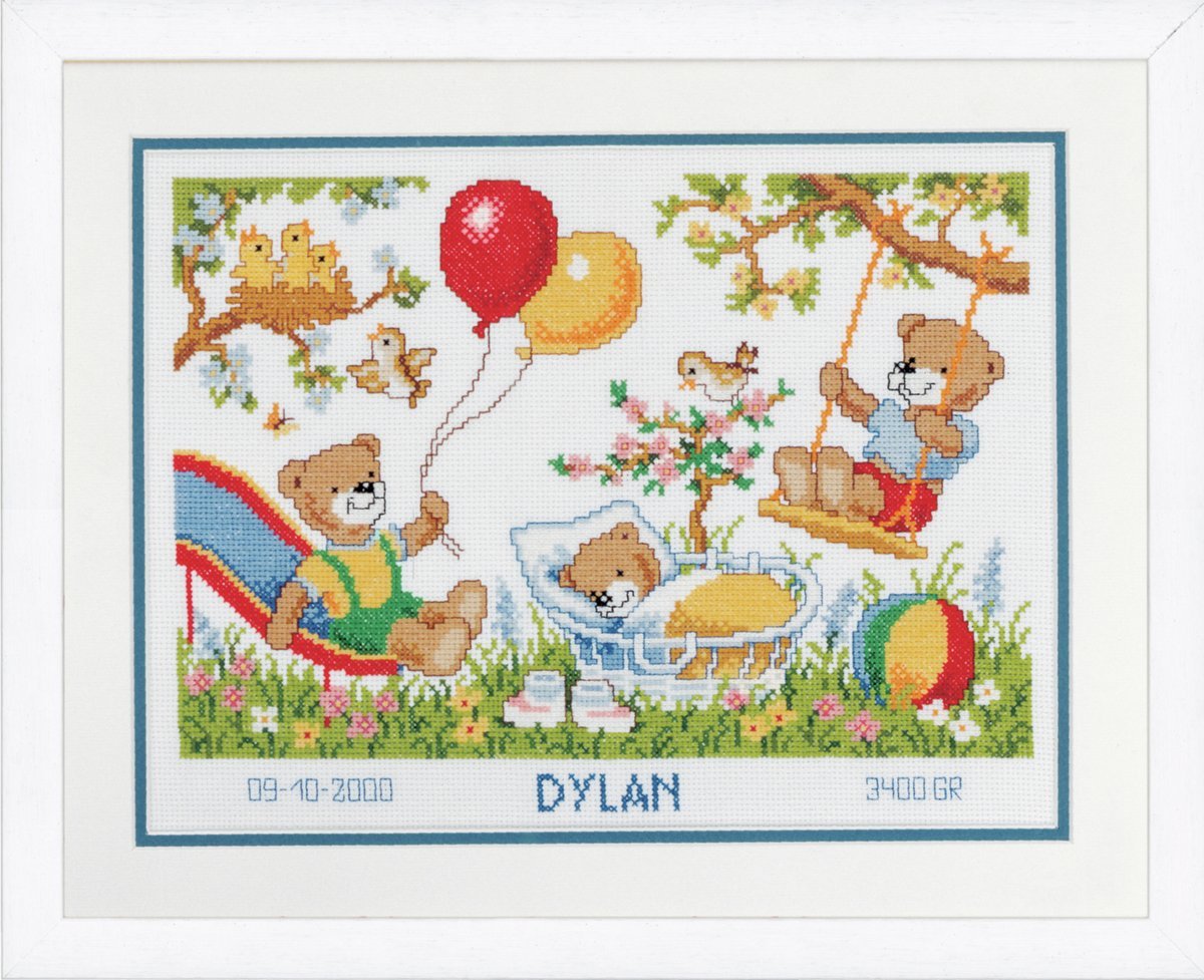 Vervaco Birth Record Teddies in Garden Counted Cross Stitch Kit, Multi-Colour 32 x 29cm