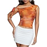 Milumia Women One Shoulder Floral Asymmetrical Neck Top Tie Knot Mesh Tees