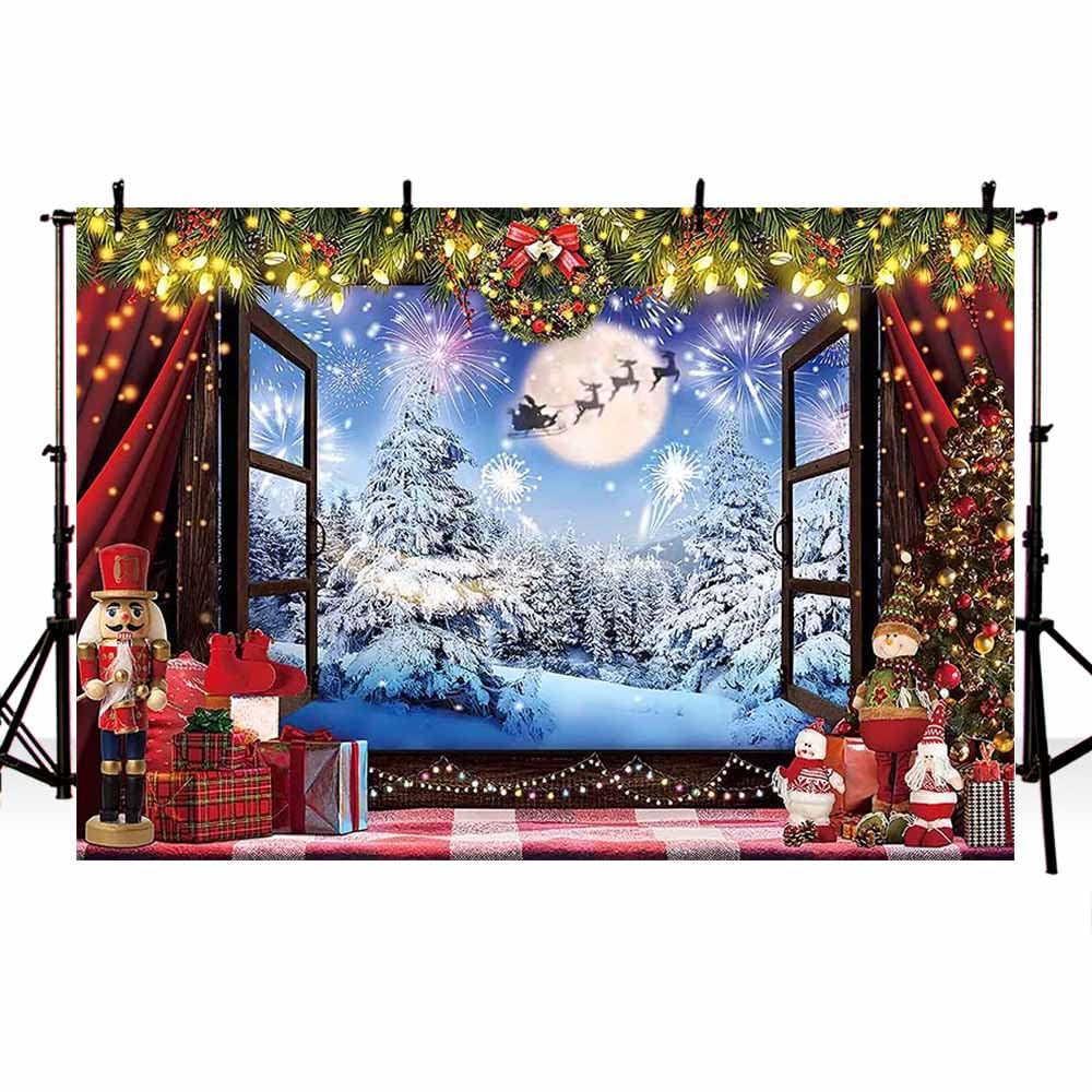 MEHOFOND 10x7ft Christmas Backdrop Winter Snow Scene Window Photography Background Christmas Wreath Christmas Tree Toy Doll Table Decor Family Party Banner Photo Studio Props