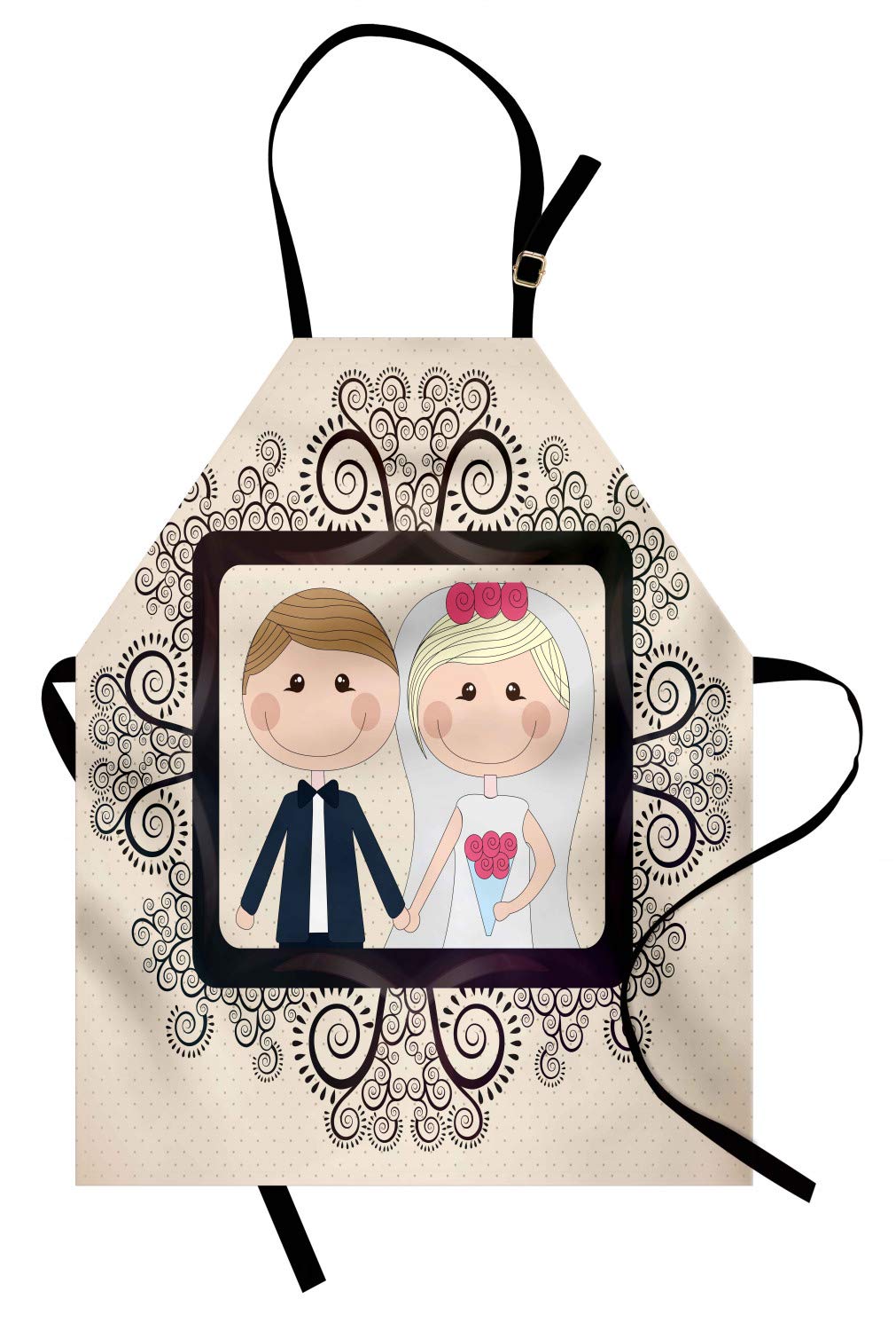 ABAKUHAUS Romantic Apron, Wedding Photography Illustration Happy Bride and Groom Swirled Lines Backdrop, Unisex Kitchen Apron with Adjustable Neck for Cooking Baking Gardening, Black Cream