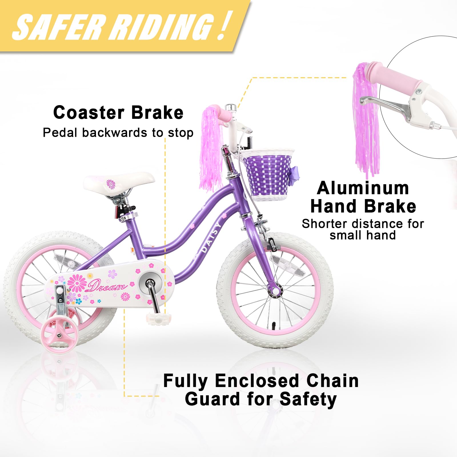 Daisy Girls Bike, 12 14 16 Inch Kids Bike for Ages 2-7 Years Old Children, Princess Style Kids Bicycle with Training Wheels & Basket & Streamers, Multiple Colors