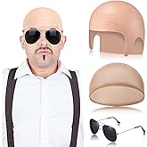 Mepase Bald Caps with Glasses Nylon Makeup Latex Bald Head Wig Cap for Men Women Adults Cosplay Party Costume Accessories
