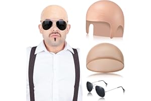Mepase Bald Caps with Glasses Nylon Makeup Latex Bald Head Wig Cap for Men Women Adults Cosplay Party Costume Accessories