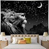 Boziqr Cool Lion Tapestry, Space Stars Moon Wall Hanging For Men, Aesthetic Black Decor For Bedroom Living Room Collage Dorm 71X60 Inches