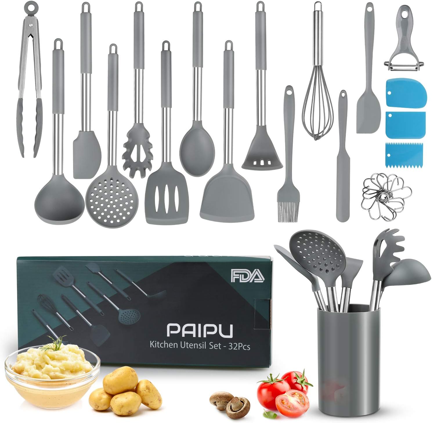 PAIPU Küchenhelfer Set, 32 Stück hitzebeständige Antihaft-Küchenutensilien, Nudelschaber-Set, 3 Kuchen-Spatel, Kartoffelstampfer, Edelstahl-Schneebesen, Schäler, grau