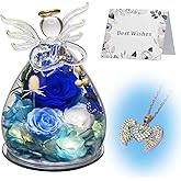 Preserved Blue Roses in Angel Glass dome - Fresh Enternal Flowers with Angel Necklace for Delivery Prime - Glass Rose Flowers with Butterfly LED Light Mothers Day Birthday Gift for Women (Blue)