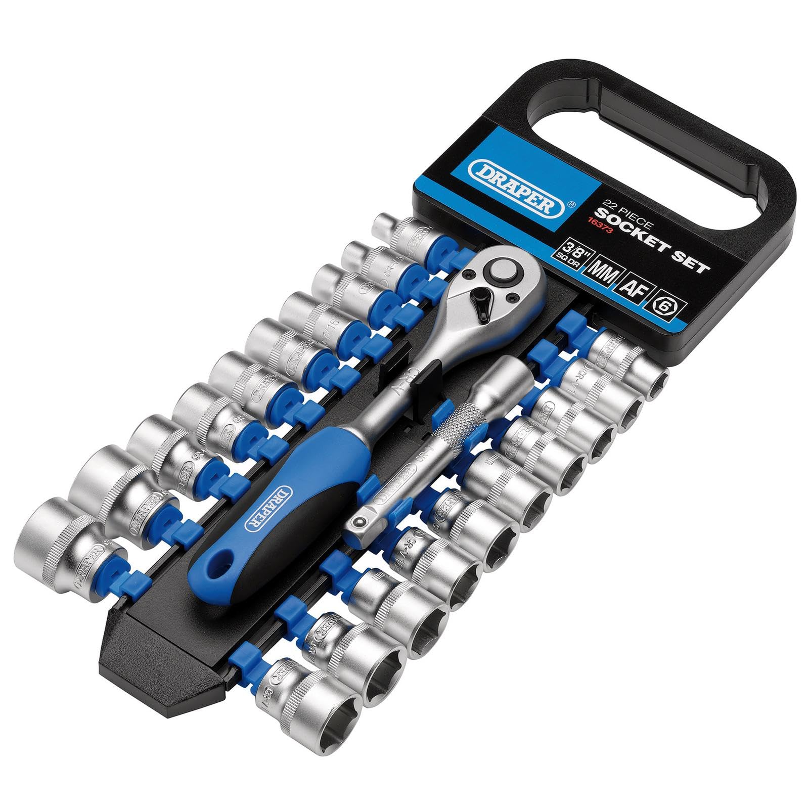 Draper 16373 Square Drive Combined MM/AF Socket and Ratchet 22 Pieces Set, 3/8" Length , Blue