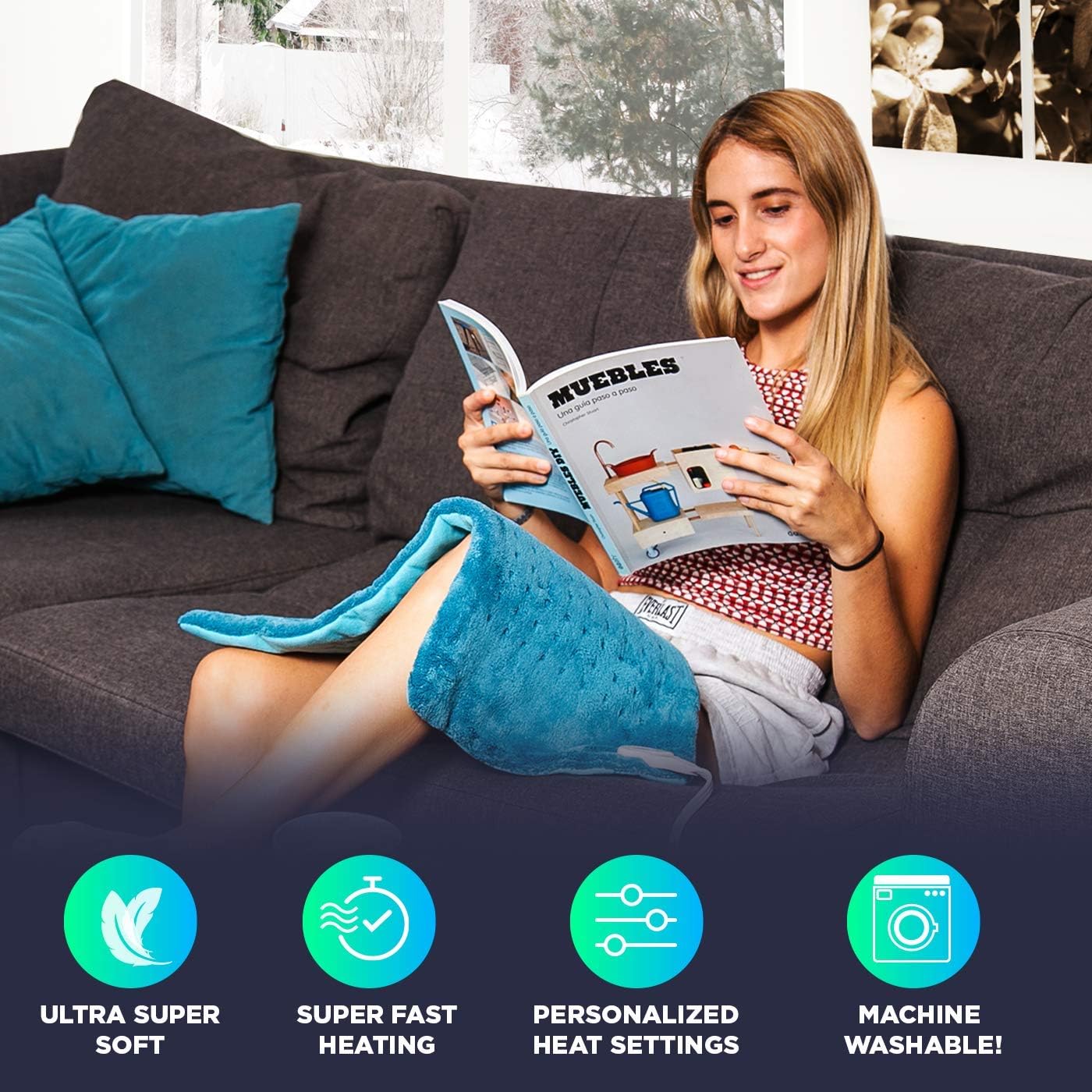 Cure Choice Large Electric Heating Pad for Back Pain Relief + Storage Pouch, Ultra Soft 12"x24" Heating pad for Muscle Cramps - Heated Pad with Adjustable Temperature Settings (Blue): Health & Personal Care