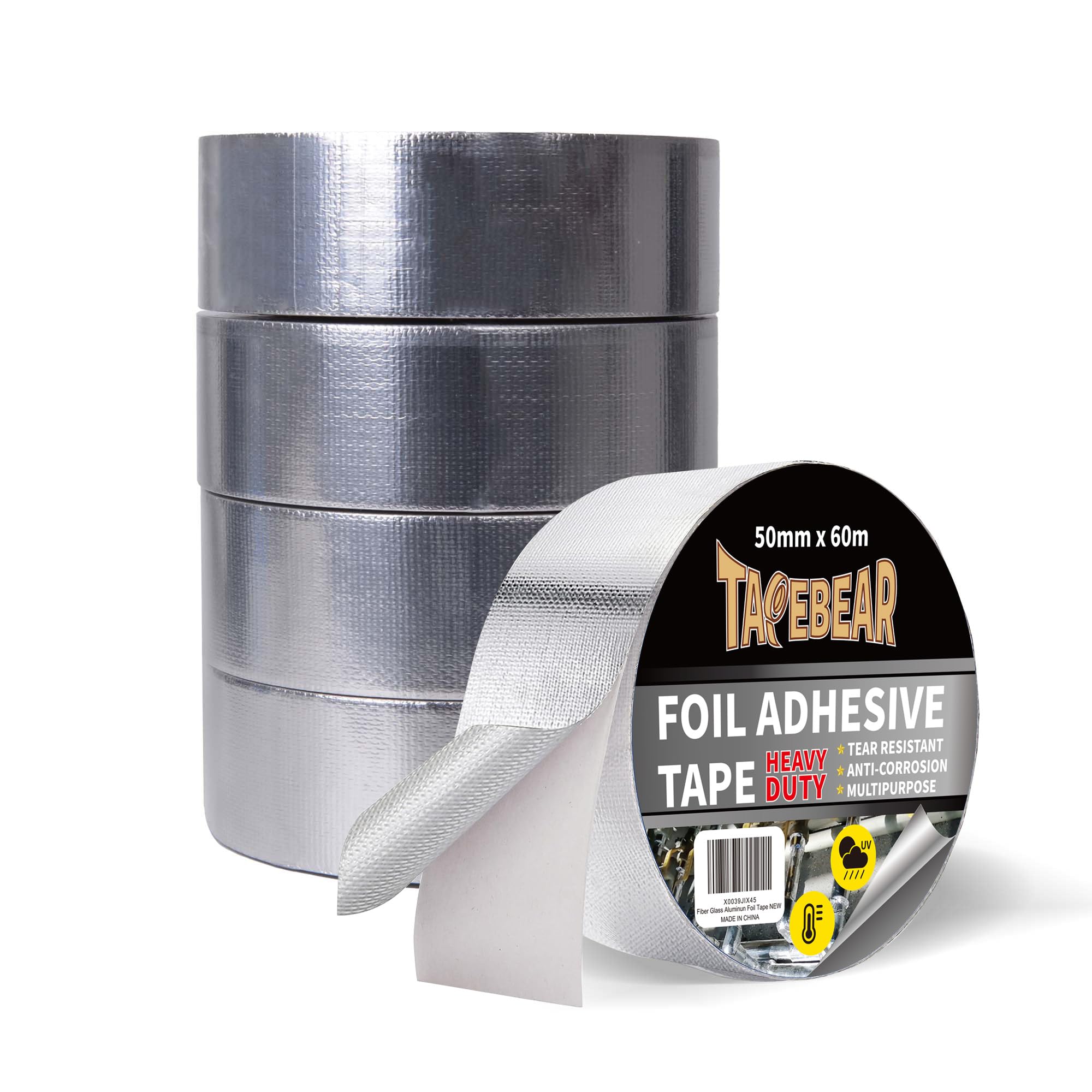 TAPEBEAR Glass Fiber Cloth Aluminum Foil Tape, Professional Insulation High Temperature Duct Tape, Withstand 80°C to 100°C, Reinforced, for HVAC, Repair, Pipe Sealing, 2inch x 65yard, 5 Rolls