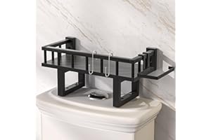 Cozivolife Bamboo Over The Toilet Storage Shelf, Non-Trace Adhesive Bathroom Organizer Shelf with Paper Rolls Holder and Hooks, Above WC Rack Space Saver (Black, S)