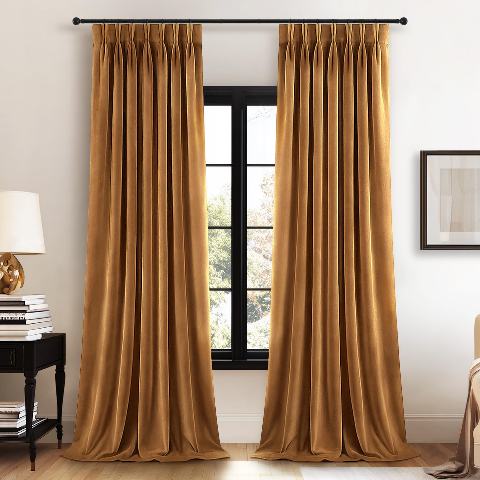 Photo 1 of 102 Inch Long Brown Velvet Curtains for Living Room Bedroom Copper Vintage Luxury Thick Velevt Pinch Pleated Blackout Drapes Back Tab Hooks Rings Window Panels Home docor 102 Inch Length 2 Panels