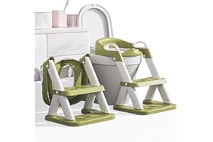 AKIMRABY Potty Training Seat with Step Stool Ladder, Upgraded Stability Toilet Seat with Toddler Seat for Kids Boys Girls, Anti-slip Pads, Urinal Splash Guard, 2 In 1 Foldable Potty Seat with Steps