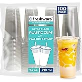 Freshware Clear Plastic Cups with Flat Lids and Straws [100 Cups - 24 oz] Disposable Tumblers for Iced Coffee, Smoothie, Milkshake, Cold Drinks