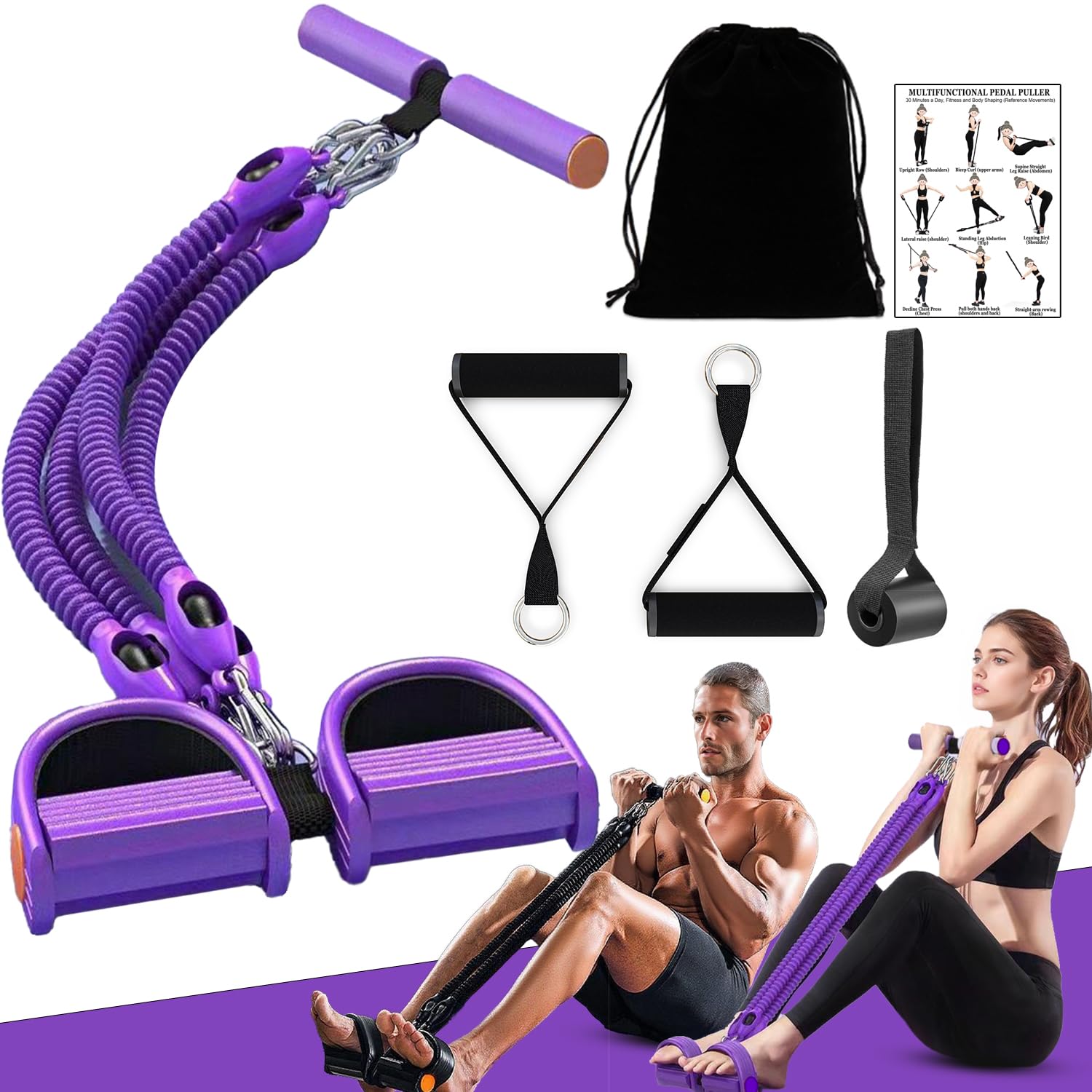 Photo 1 of 2026 Upgrade Foot Pedal Resistance Band, Adjustable 4-Tube Pedal Ankle Puller Resistance Band with Handle, Multifunction Home Gym Equipment, Stirrup Puller for Men Women for Full Body Exercise -Purple