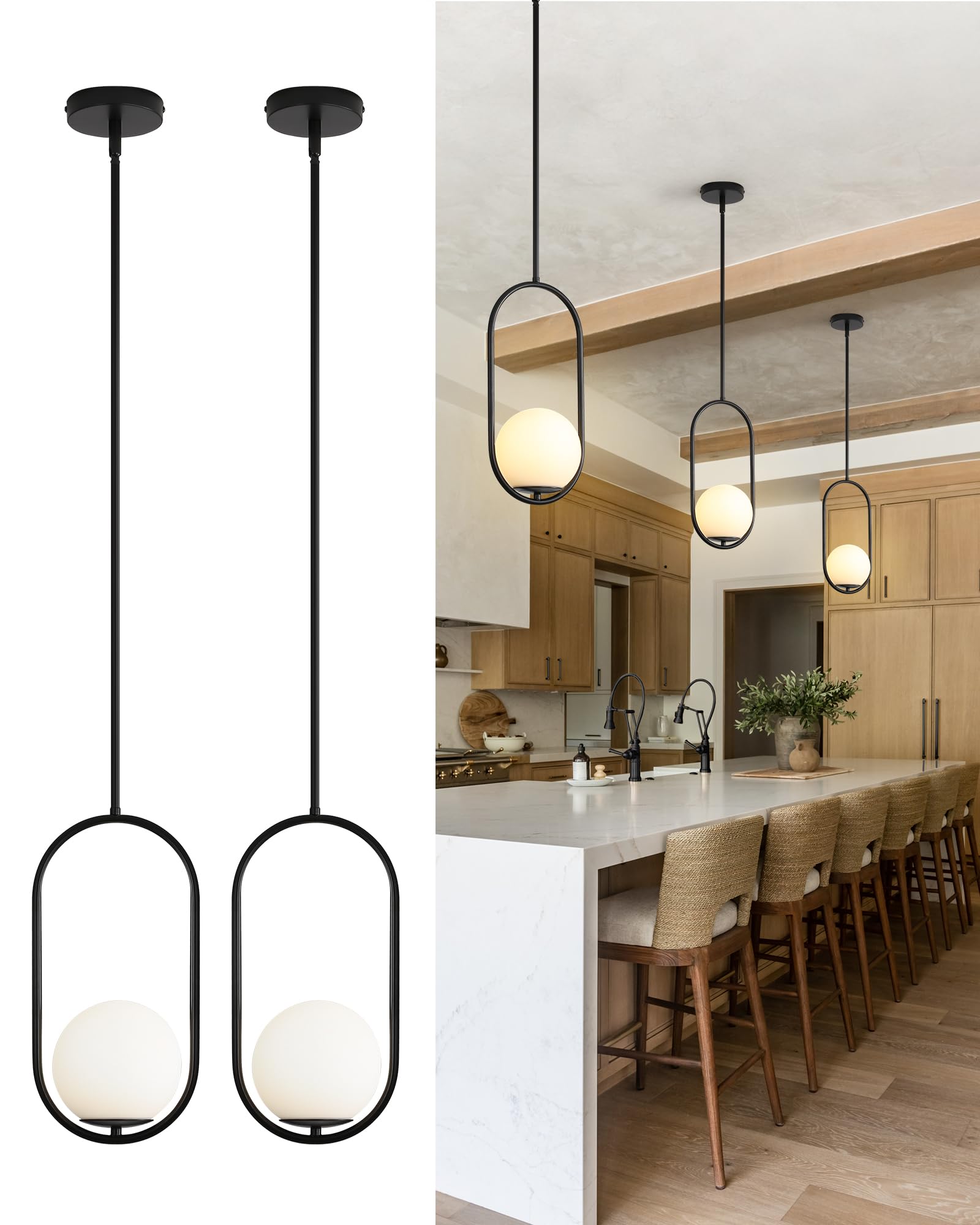 Photo 1 of Yunnix Pendant Lights Kitchen Island, Pendant Light Fixtures, 2 Pack Modern Black Globe Glass Pendant Lighting, Mid Century Chandelier One Light for Bathroom Bedroom Dining Room