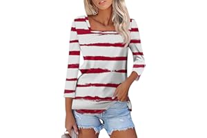 ROKIACDE 3/4 Length Sleeve Womens Tops,Basic Striped Tshirts Shirts Summer 2024 Gym Blouse Plus Size Athletic Tunic Top