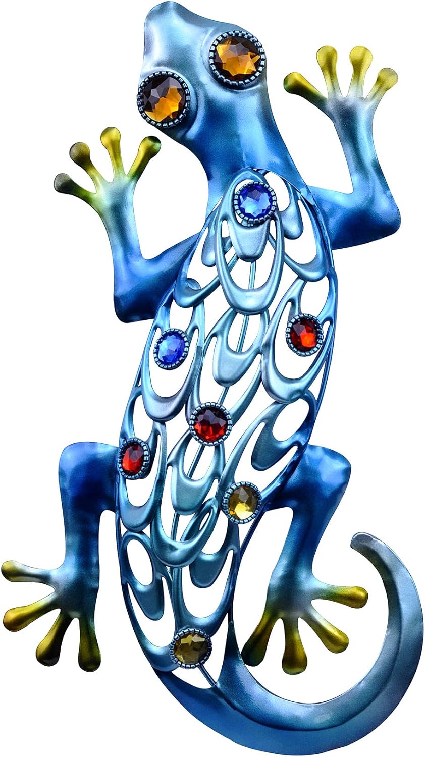 Plaques & Wall Art - SVEIKS Lizard Wall Decor, Metal Gecko Decoration Hanging Art for Outdoor Backyard Fence Patio Garden or Indoor Home Bathroom, 14-Inch (Blue)