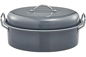 BRONYPRO Roasting Pan with Rack, 18-Inch Granite Roaster with Lid, 25 lb Capacity for Turkey, Chicken, and Vegetables, Light Gray