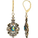 Peacock Plumage Art Nouveau Style Blue Iridescent AB Glass Drop Earrings, 1928 Jewelry Earrings for Women - Blue Aurora Borealis Stone with Topaz and Clear Glass Accent Detailing, Replica Antique Jewelry for Women