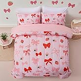 Btargot 5 Piece Blush Bowknot Comforter Set for Girls Kids, Twin Size Cartoon Strawberries Bow Tie Bedding Set, Bed in a Bag with Comforter, Sheets and Pillowcases