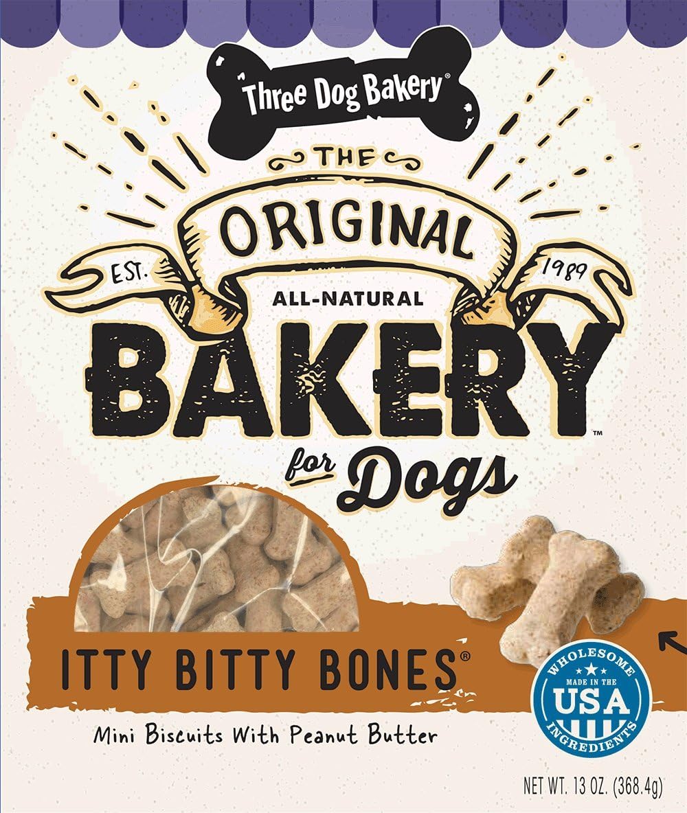 Three Dog Bakery Itty Bitty Bones, Baked Dog Treats, Peanut Butter, 13