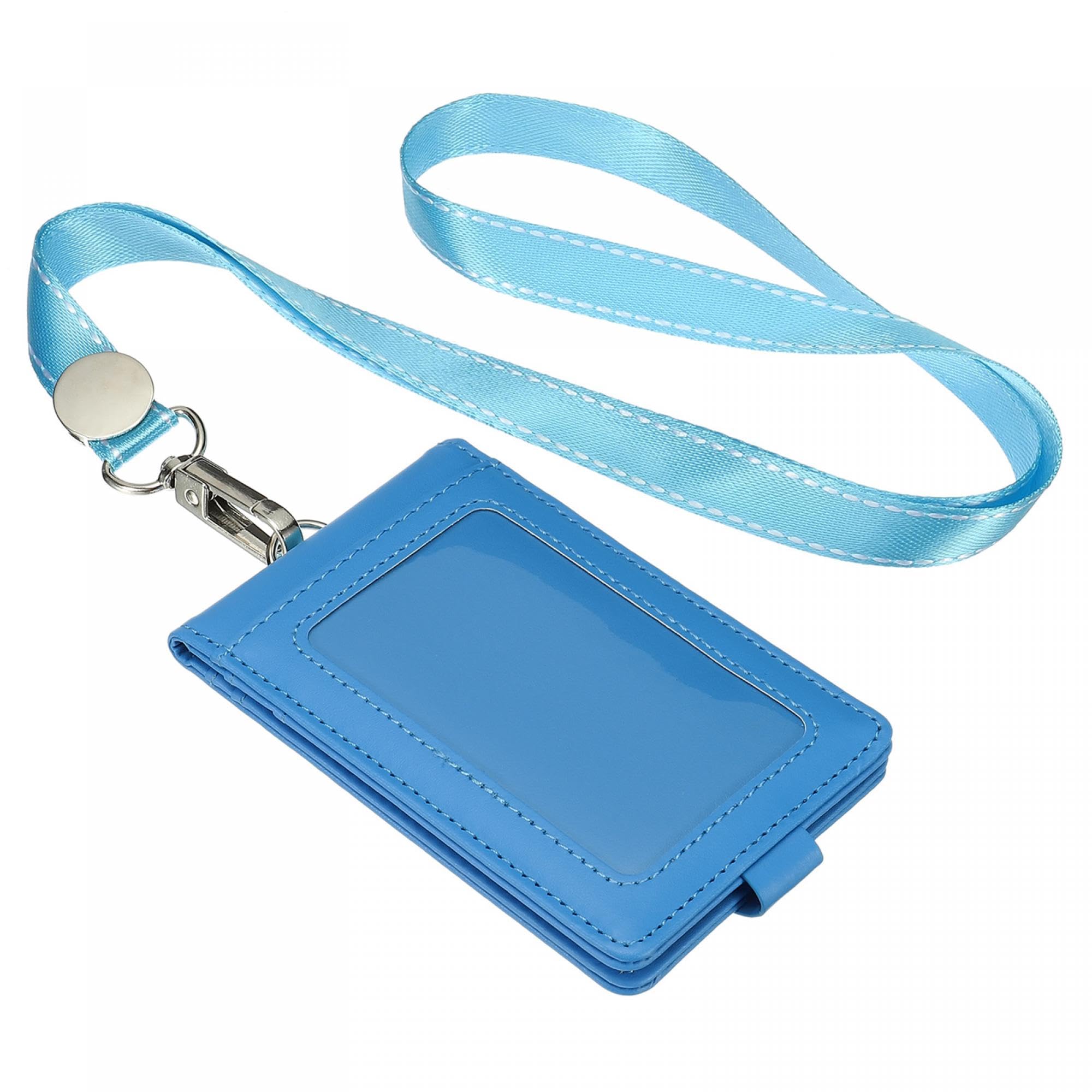 PATIKIL PU Leather ID Badge Holder with Detachable Neck Lanyard Set, Folded Credit Holder with 1 Clear Window 4 Card Slot for Offices, Blue