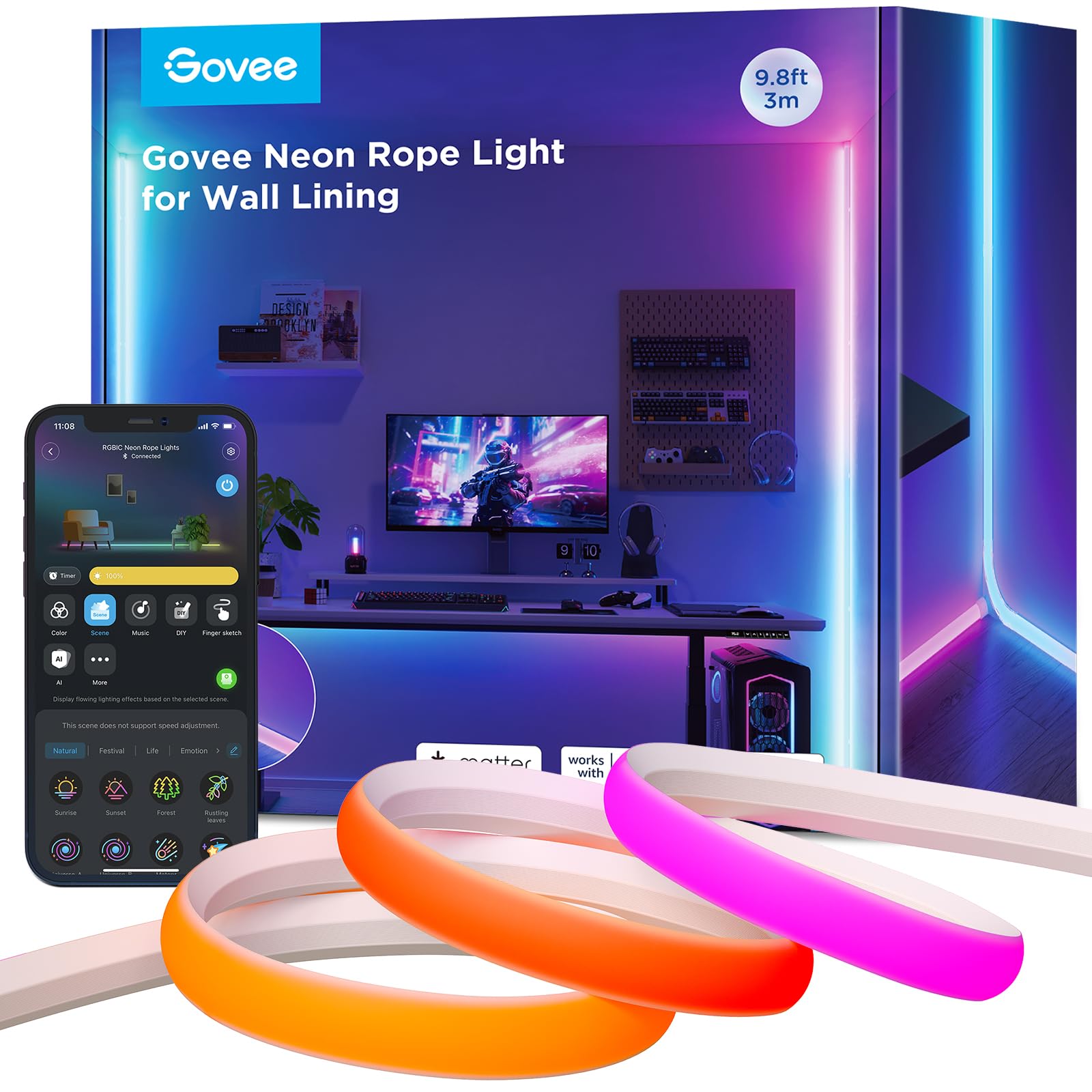 Govee RGBIC Neon LED Strip Light for Skirting Board, 3M Neon Rope Light Work with Matter, Alexa & Google Assistant, LED Rope for Living Room, Corridor